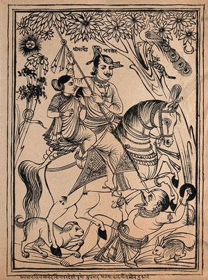 Khandoba with Mhalsa defeating Malla in a vintage Indian line print