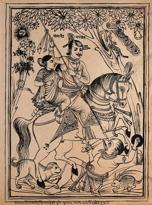 Khandoba with Mhalsa defeating Malla in a vintage Indian line print