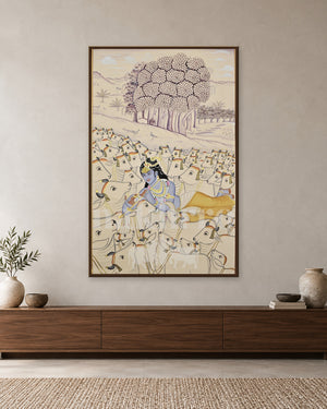 Krishna amid a White Herd in a Lavender Landscape — slim-frame room mockup 1 with Nakhrro watermark