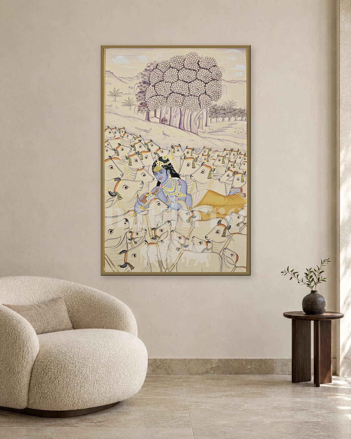 Krishna amid a White Herd in a Lavender Landscape — slim-frame room mockup 2 with Nakhrro watermark