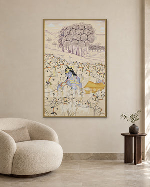 Krishna amid a White Herd in a Lavender Landscape — slim-frame room mockup 2 with Nakhrro watermark