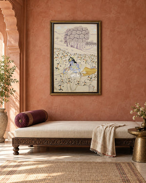 Krishna Among the Cows, framed above a daybed in a contemporary haveli interior; styling mockup