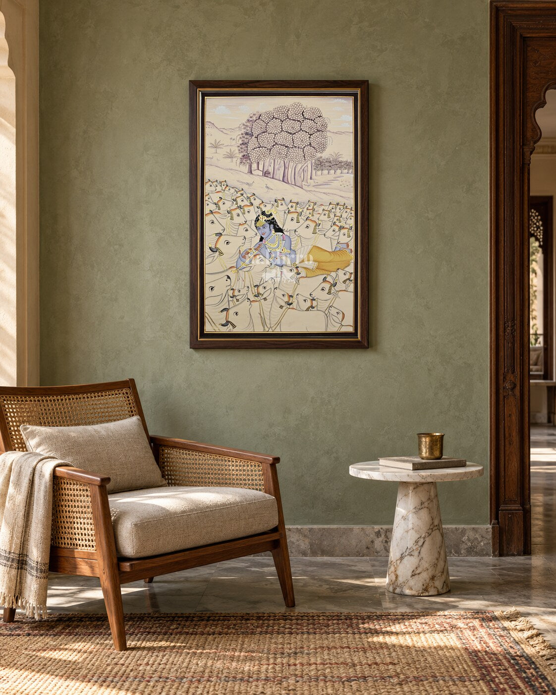 Krishna Among the Cows, framed in a sage Indian reading nook; styling mockup