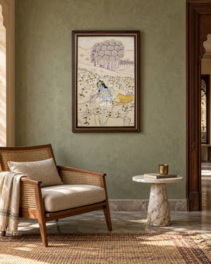 Krishna Among the Cows, framed in a sage Indian reading nook; styling mockup