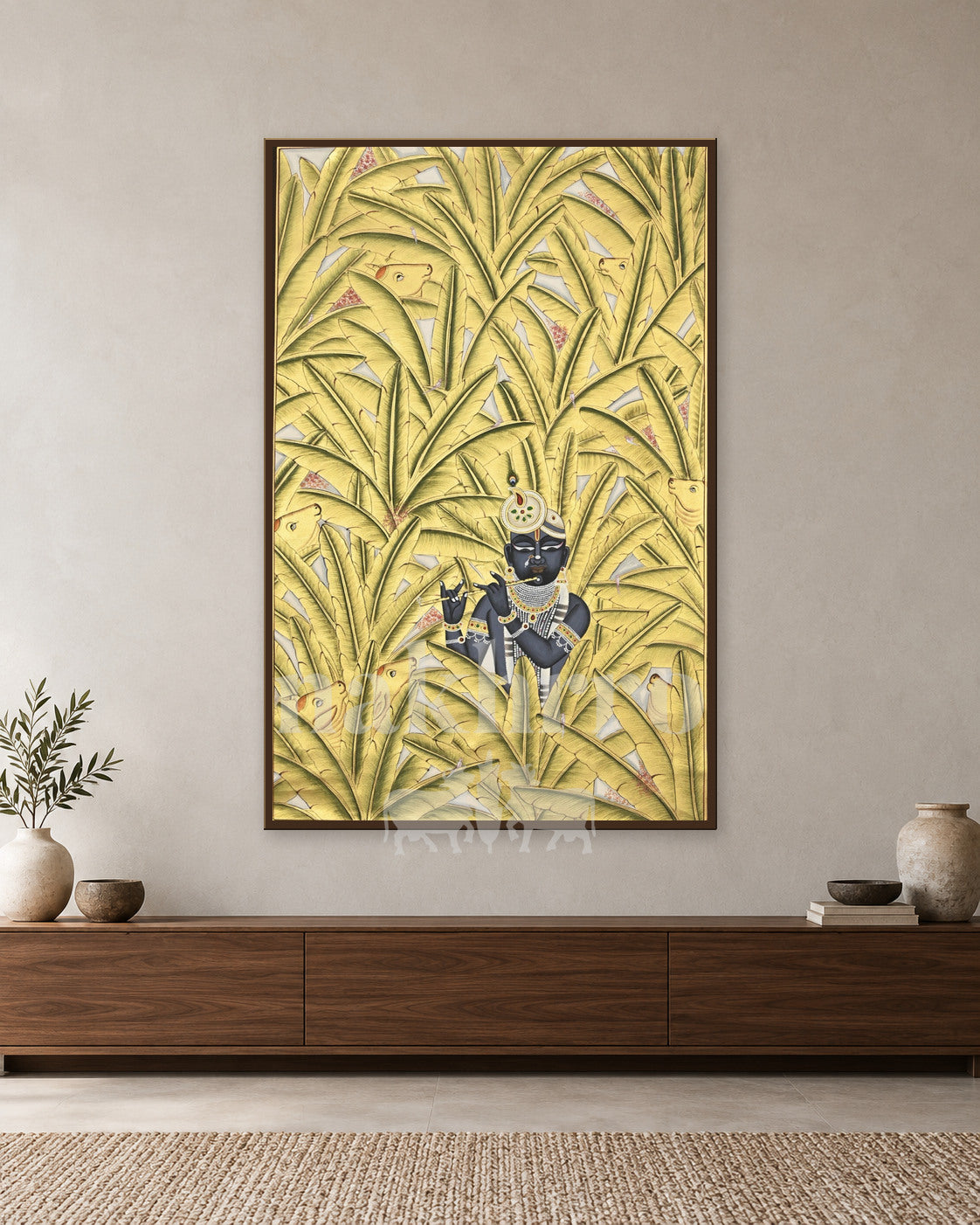 Krishna among Tall Golden Leaves — slim-frame room mockup 1 with Nakhrro watermark