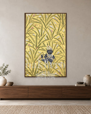 Krishna among Tall Golden Leaves — slim-frame room mockup 1 with Nakhrro watermark