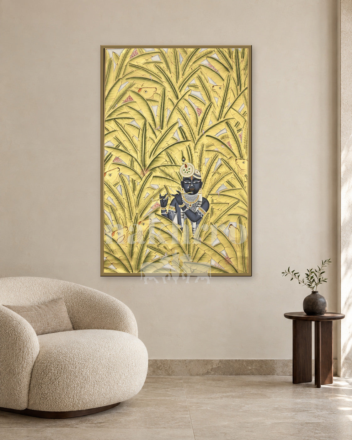 Krishna among Tall Golden Leaves — slim-frame room mockup 2 with Nakhrro watermark
