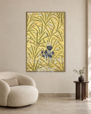 Krishna among Tall Golden Leaves — slim-frame room mockup 2 with Nakhrro watermark