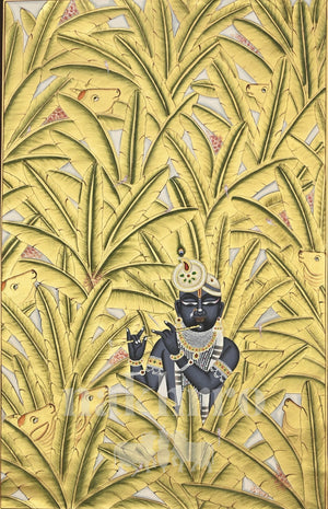 Krishna among Tall Golden Leaves — full artwork with Nakhrro watermark