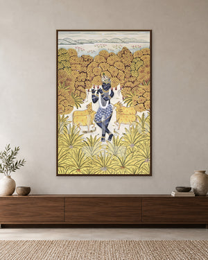 Krishna and Golden Cows in an Ivory Grove — slim-frame room mockup 1 with Nakhrro watermark