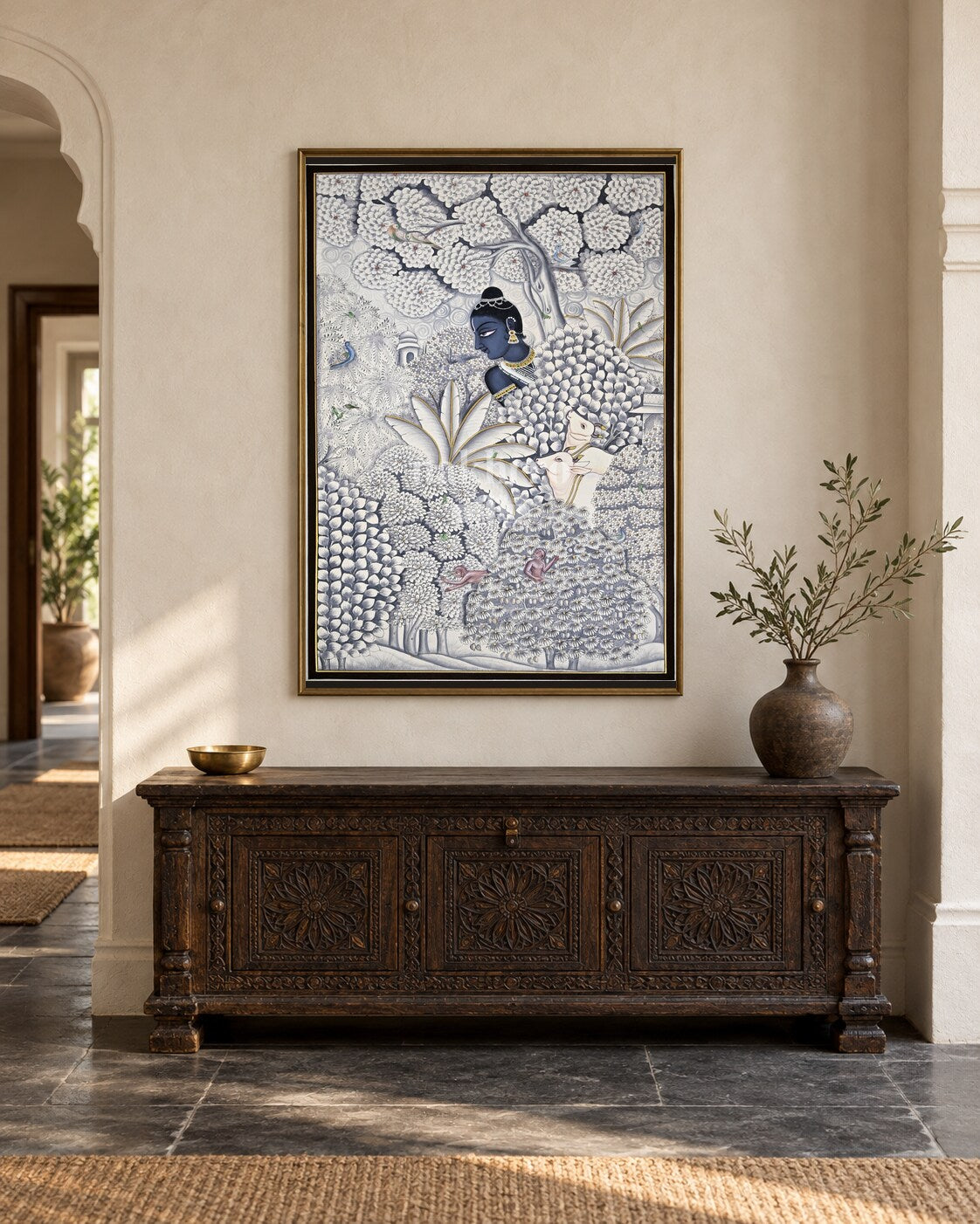 Krishna in a Blue Vrindavan Garden, framed in a luxurious Indian console setting; styling mockup