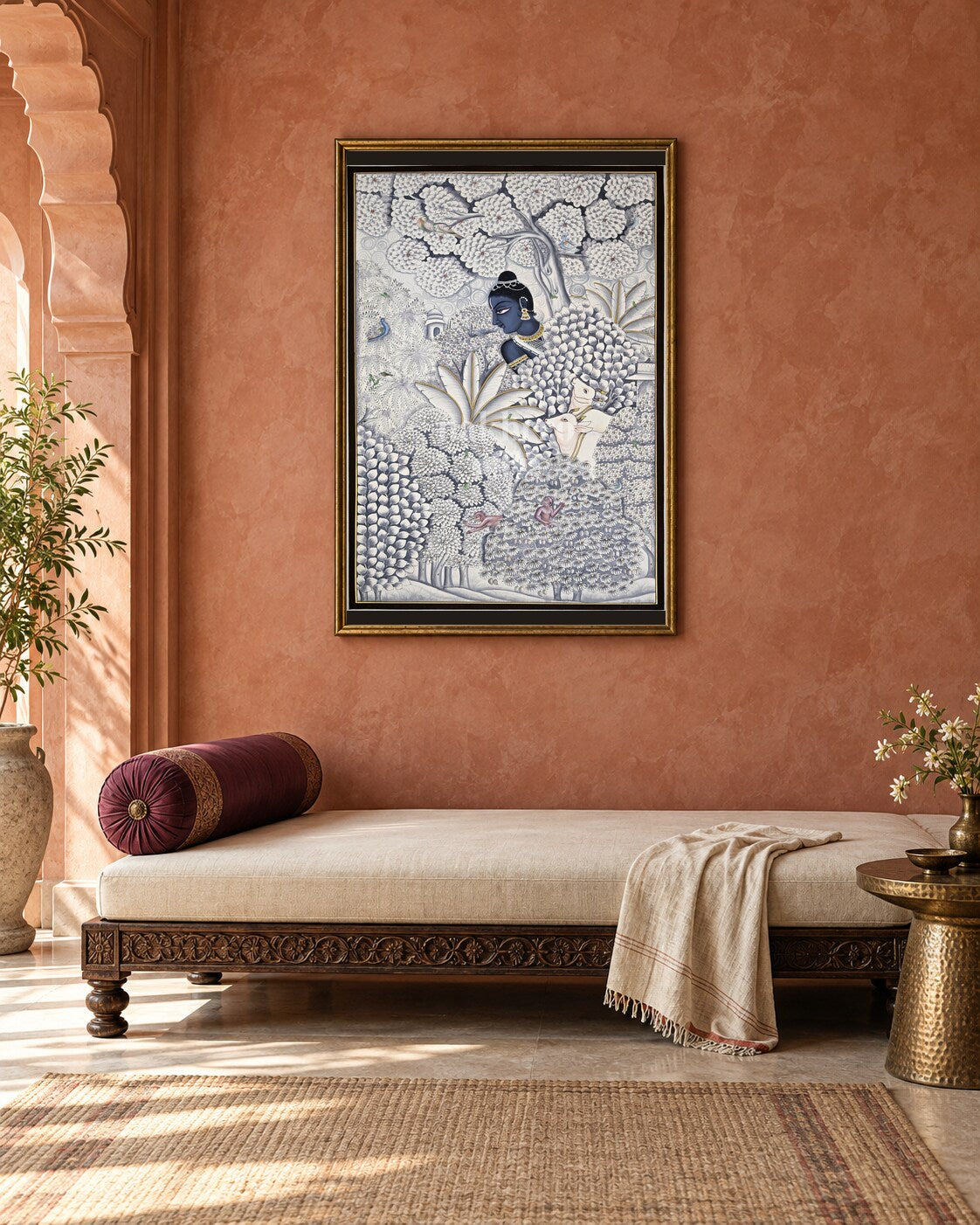 Krishna in a Blue Vrindavan Garden, framed above a daybed in a contemporary haveli interior; styling mockup
