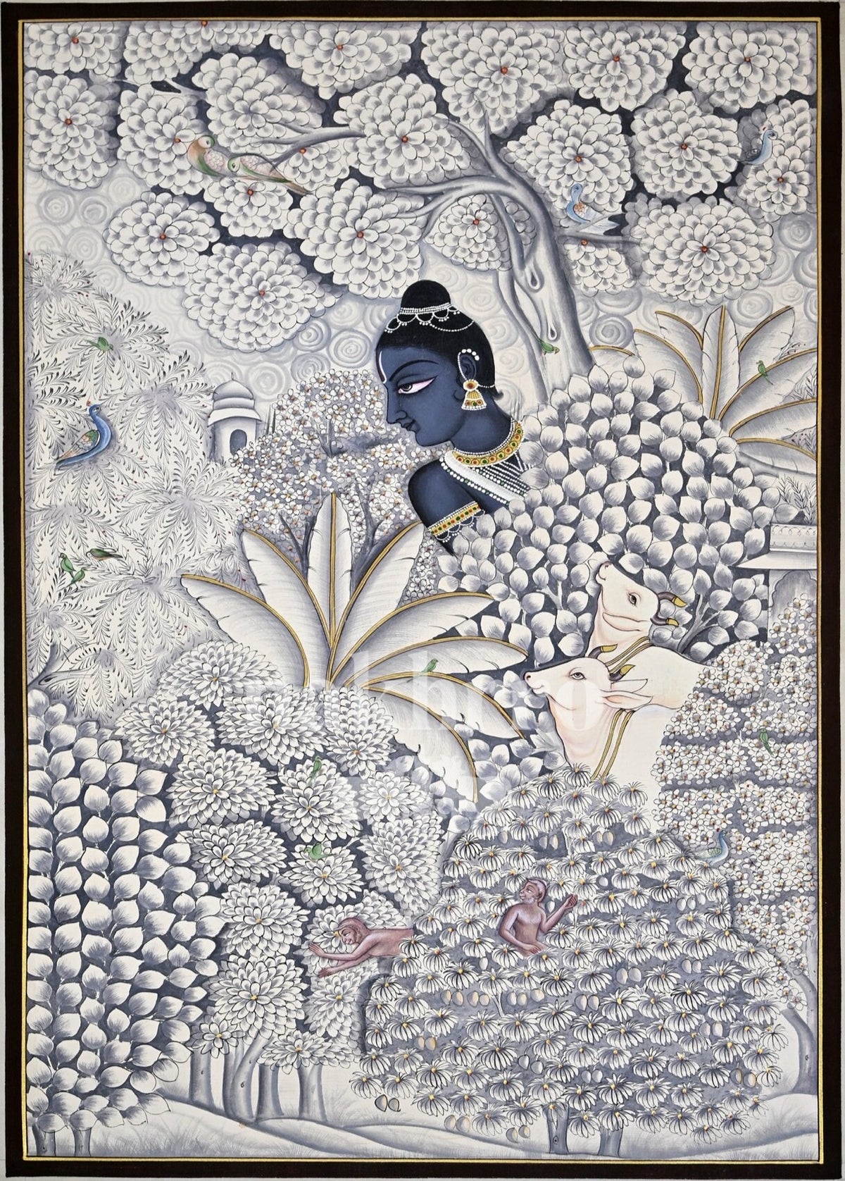 Krishna in a Blue Vrindavan Garden, full artwork with Nakhrro watermark
