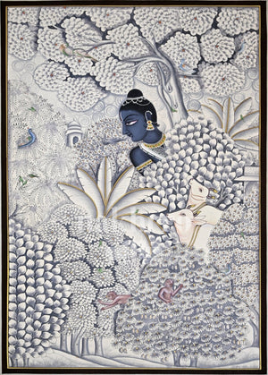 Krishna in a Blue Vrindavan Garden, full artwork with Nakhrro watermark