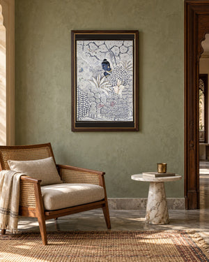 Krishna in a Blue Vrindavan Garden, framed in a sage Indian reading nook; styling mockup