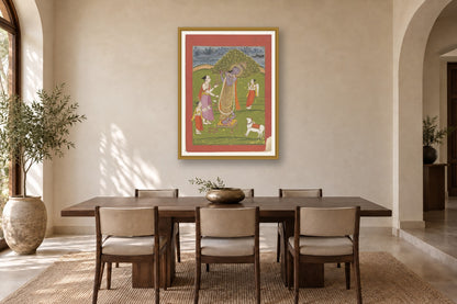 Krishna Worshipped with Cow and Devotees museum-grade art print in a dining room
