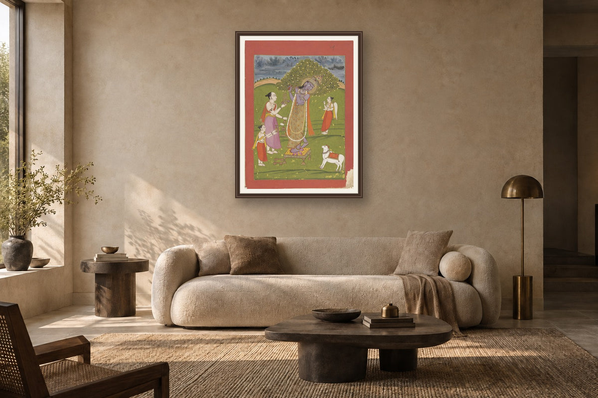 Krishna Worshipped with Cow and Devotees museum-grade art print in a living room