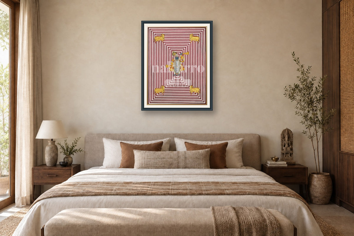 Krishna in Striped Geometric Maze- Deep Red Pichwai styled in a premium bedroom