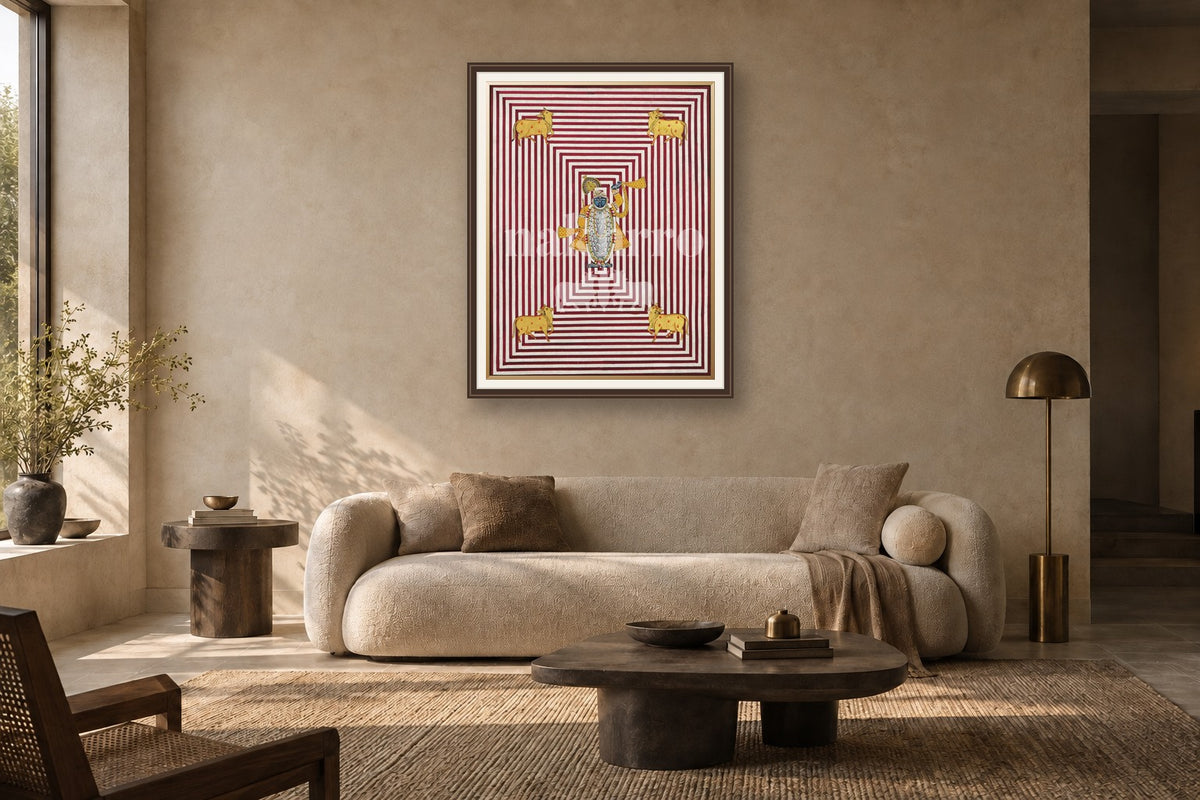 Krishna in Striped Geometric Maze- Deep Red Pichwai styled in a premium living room