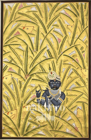 Krishna Among Golden Banana Leaves, full hand-painted original artwork, 2 by 3 feet