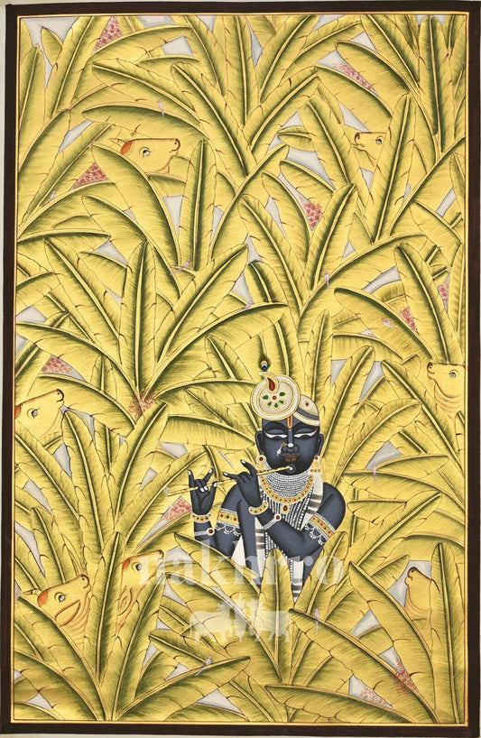 Krishna Among Golden Banana Leaves, full hand-painted original artwork, 2 by 3 feet