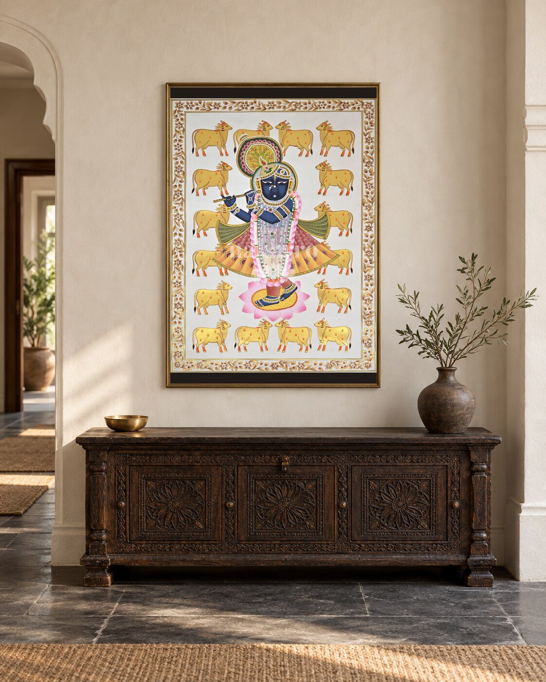 Krishna with Golden Cows and a Floral Border, framed in a luxurious Indian console setting; styling mockup, 2 by 3 feet