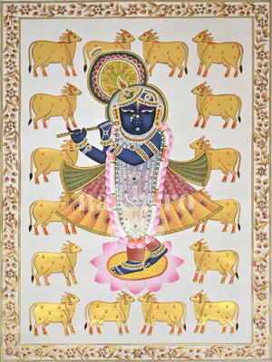 Krishna with Golden Cows and a Floral Border, full hand-painted original artwork, 2 by 3 feet