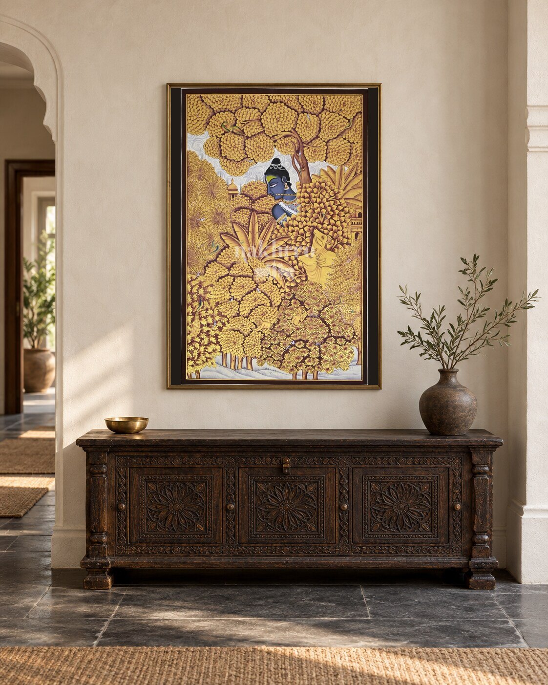 Krishna Beneath a Golden Flowering Canopy, framed room styling mockup 1; actual size and frame depend on selection