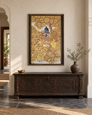 Krishna Beneath a Golden Flowering Canopy, framed room styling mockup 1; actual size and frame depend on selection