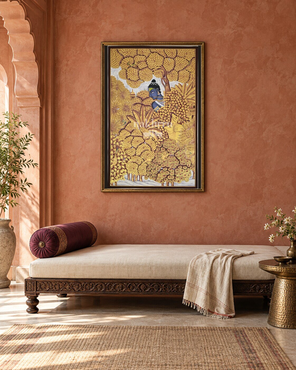 Krishna Beneath a Golden Flowering Canopy, framed room styling mockup 3; actual size and frame depend on selection