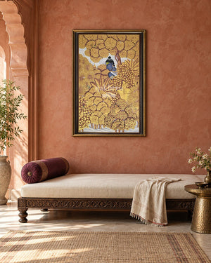 Krishna Beneath a Golden Flowering Canopy, framed room styling mockup 3; actual size and frame depend on selection
