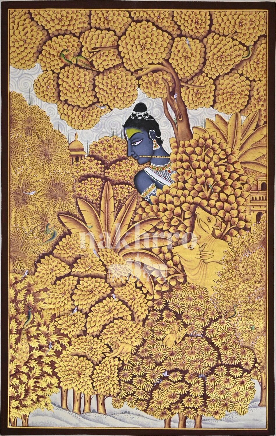 Krishna Beneath a Golden Flowering Canopy, full Pichwai artwork in gold, ochre, yellow tones; museum-grade print