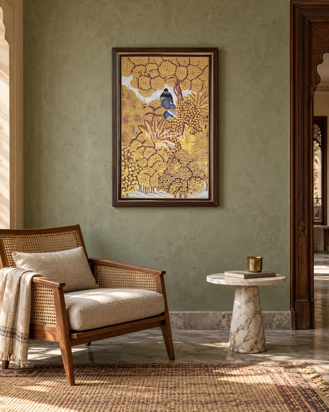 Krishna Beneath a Golden Flowering Canopy, framed room styling mockup 2; actual size and frame depend on selection