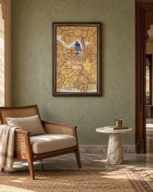 Krishna Beneath a Golden Flowering Canopy, framed room styling mockup 2; actual size and frame depend on selection