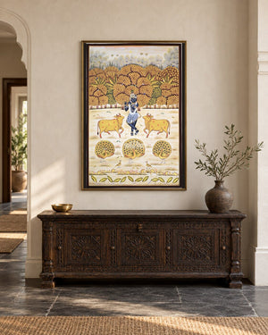 Krishna in a Golden Orchard with Cows, framed in a luxurious Indian console setting; styling mockup, 2 by 3 feet
