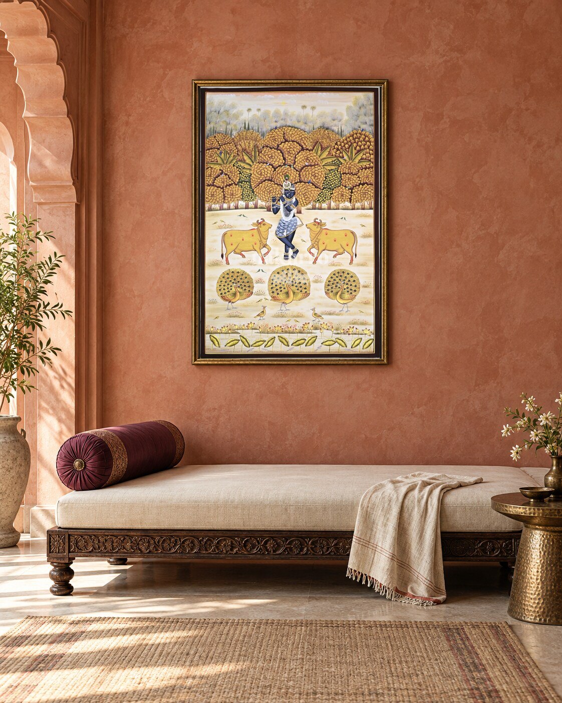 Krishna in a Golden Orchard with Cows, framed above a daybed in a contemporary haveli; styling mockup, 2 by 3 feet