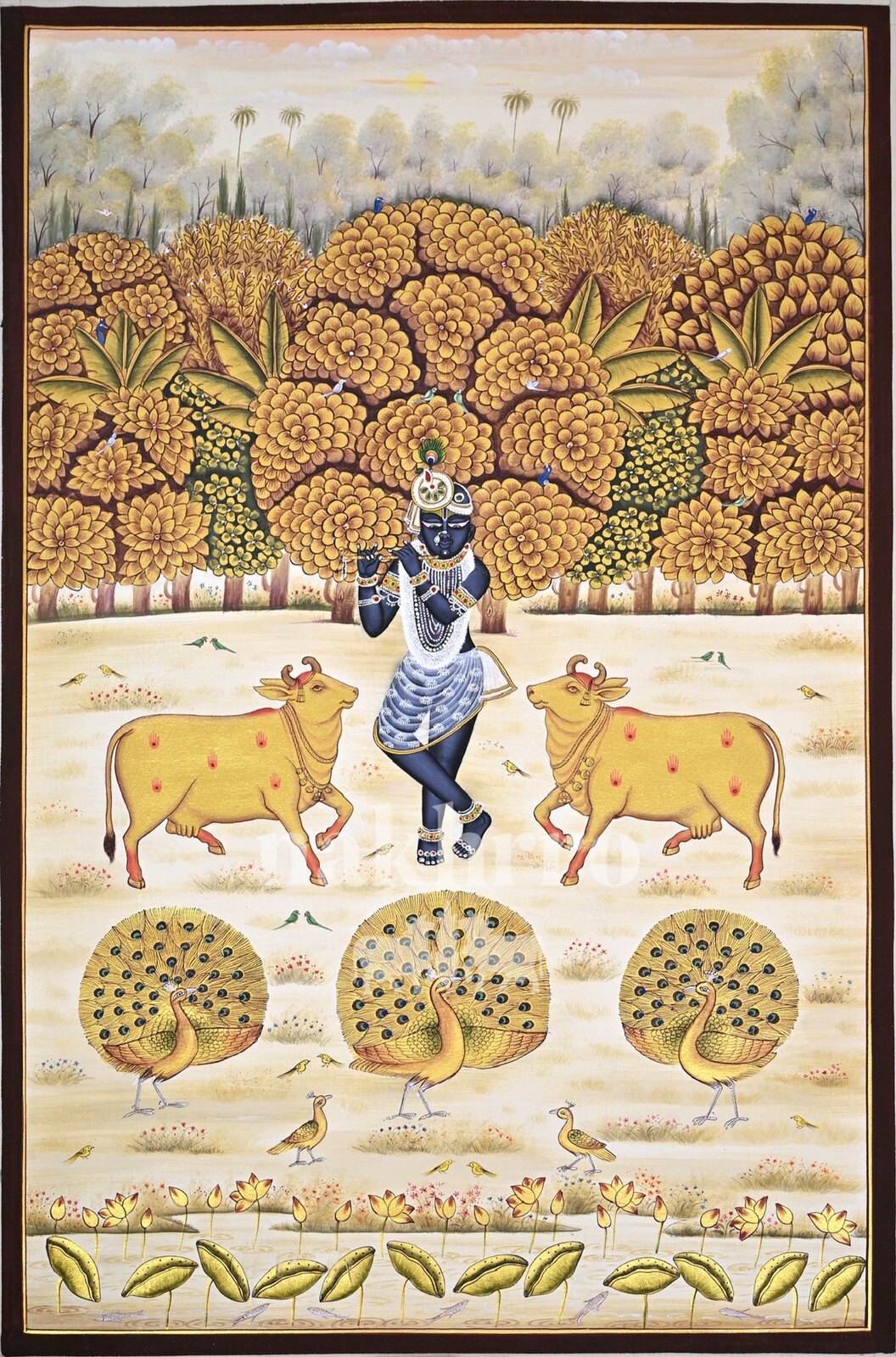 Krishna in a Golden Orchard with Cows, full hand-painted original artwork, 2 by 3 feet