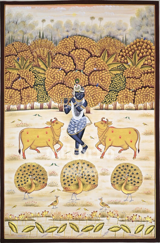 Krishna in a Golden Orchard with Cows, full hand-painted original artwork, 2 by 3 feet