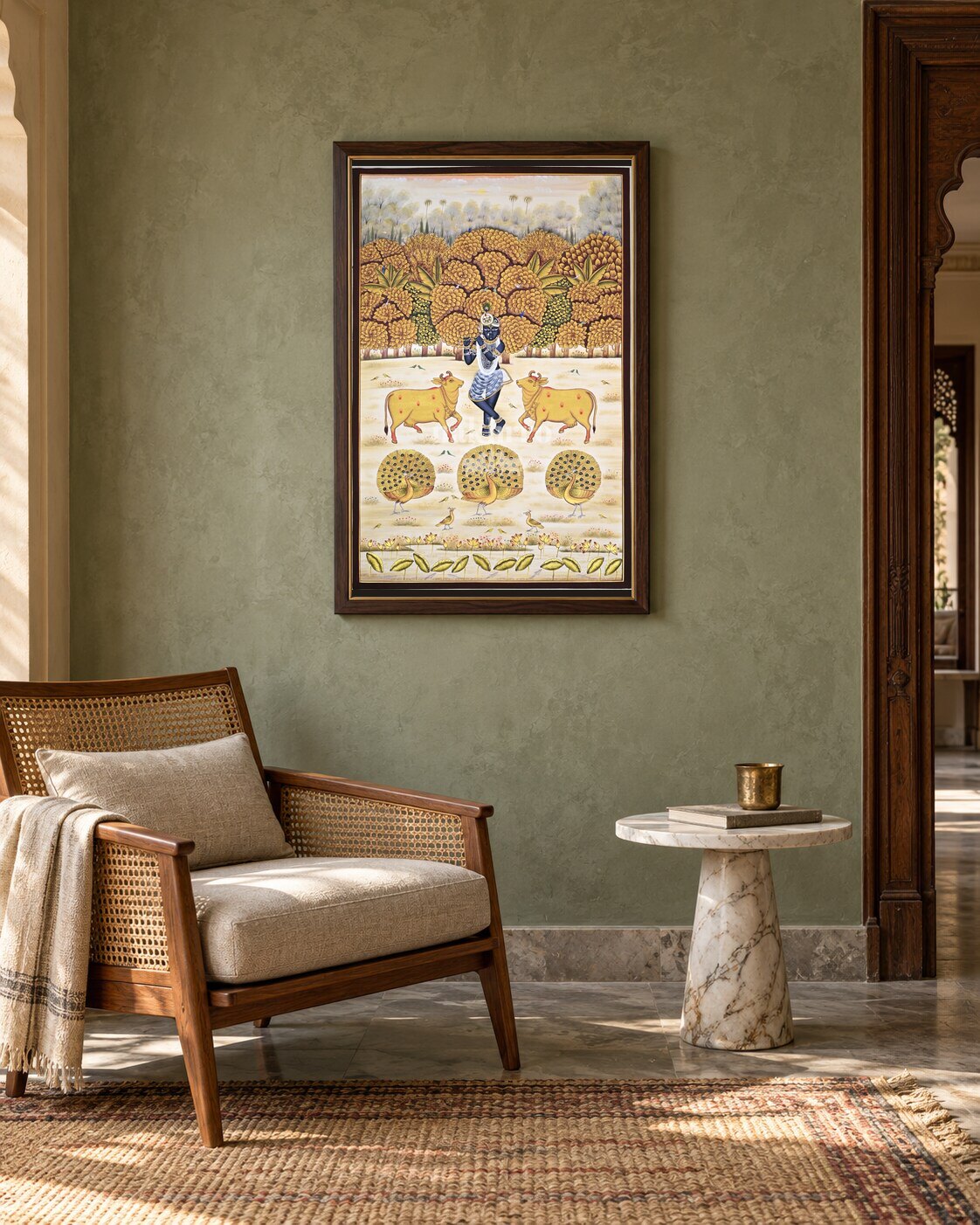 Krishna in a Golden Orchard with Cows, framed in an Indian reading nook; styling mockup, 2 by 3 feet