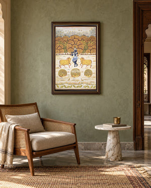 Krishna in a Golden Orchard with Cows, framed in an Indian reading nook; styling mockup, 2 by 3 feet