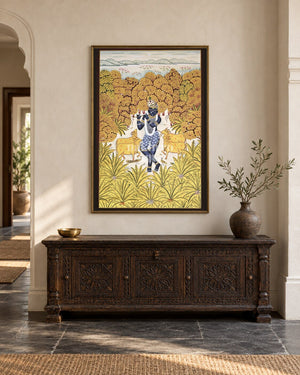 Krishna by the Golden Riverbank, framed in a luxurious Indian console setting; styling mockup, 2 by 3 feet