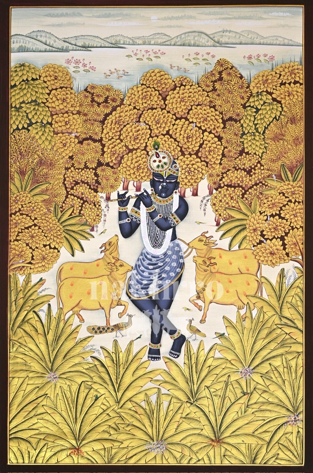 Krishna by the Golden Riverbank, full hand-painted original artwork, 2 by 3 feet
