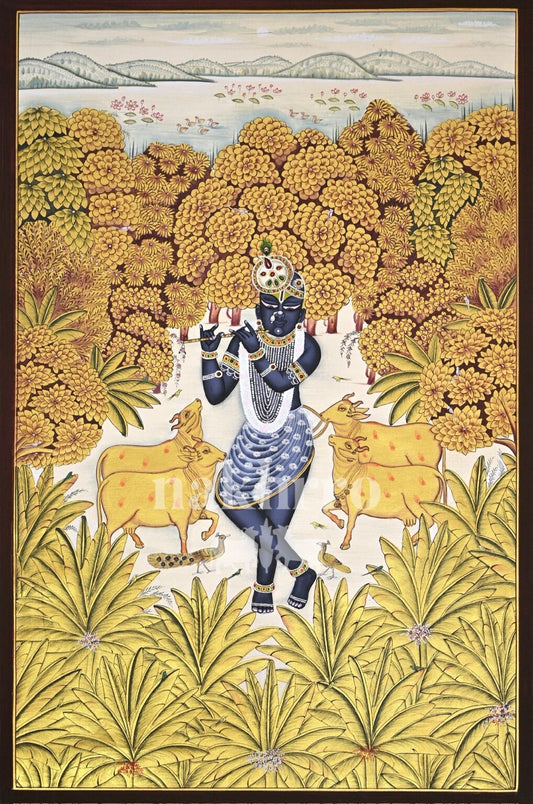 Krishna by the Golden Riverbank, full hand-painted original artwork, 2 by 3 feet
