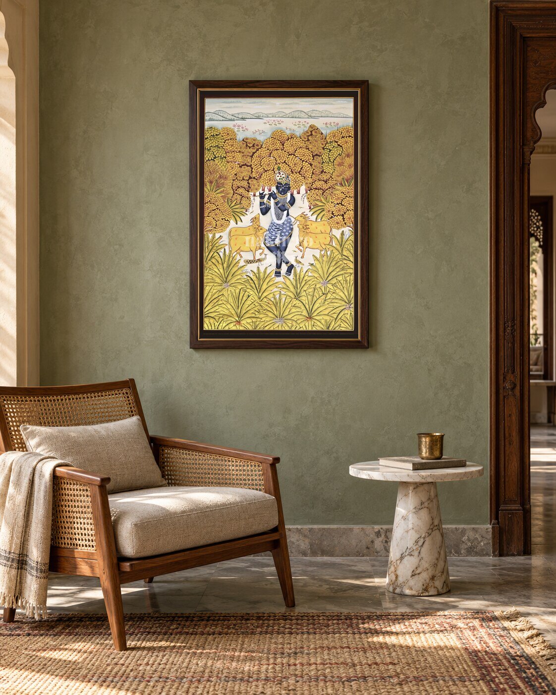 Krishna by the Golden Riverbank, framed in an Indian reading nook; styling mockup, 2 by 3 feet