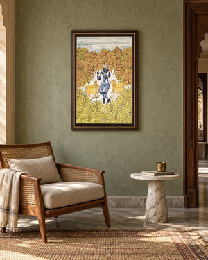Krishna by the Golden Riverbank, framed in an Indian reading nook; styling mockup, 2 by 3 feet