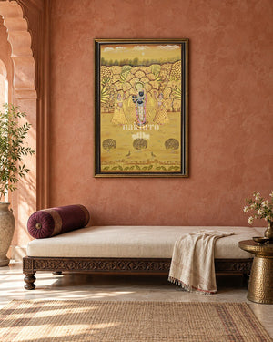 Krishna in a Golden Vrindavan Grove, framed above a daybed in a contemporary haveli; styling mockup, 2 by 3 feet
