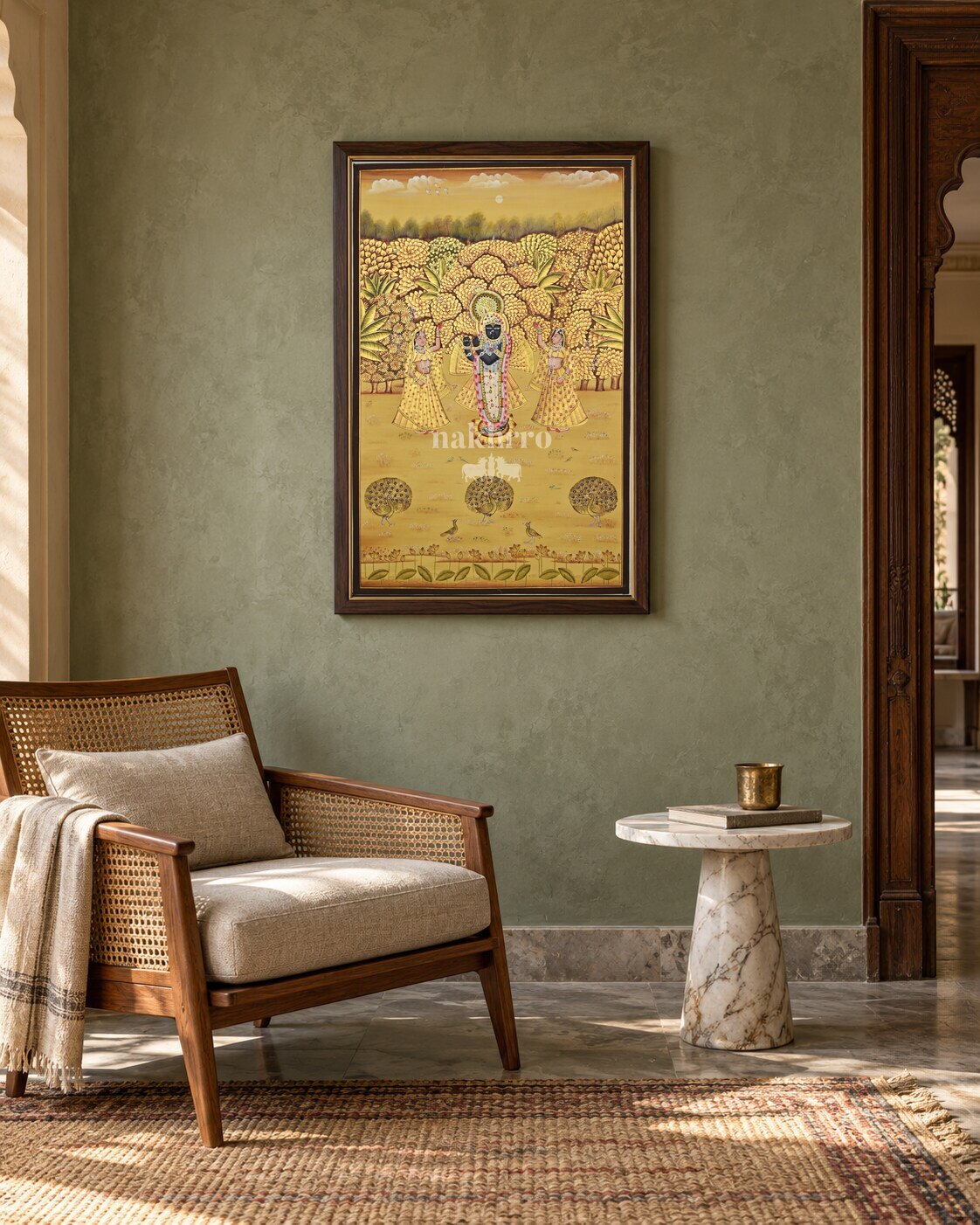 Krishna in a Golden Vrindavan Grove, framed in an Indian reading nook; styling mockup, 2 by 3 feet