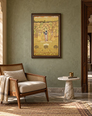 Krishna in a Golden Vrindavan Grove, framed in an Indian reading nook; styling mockup, 2 by 3 feet