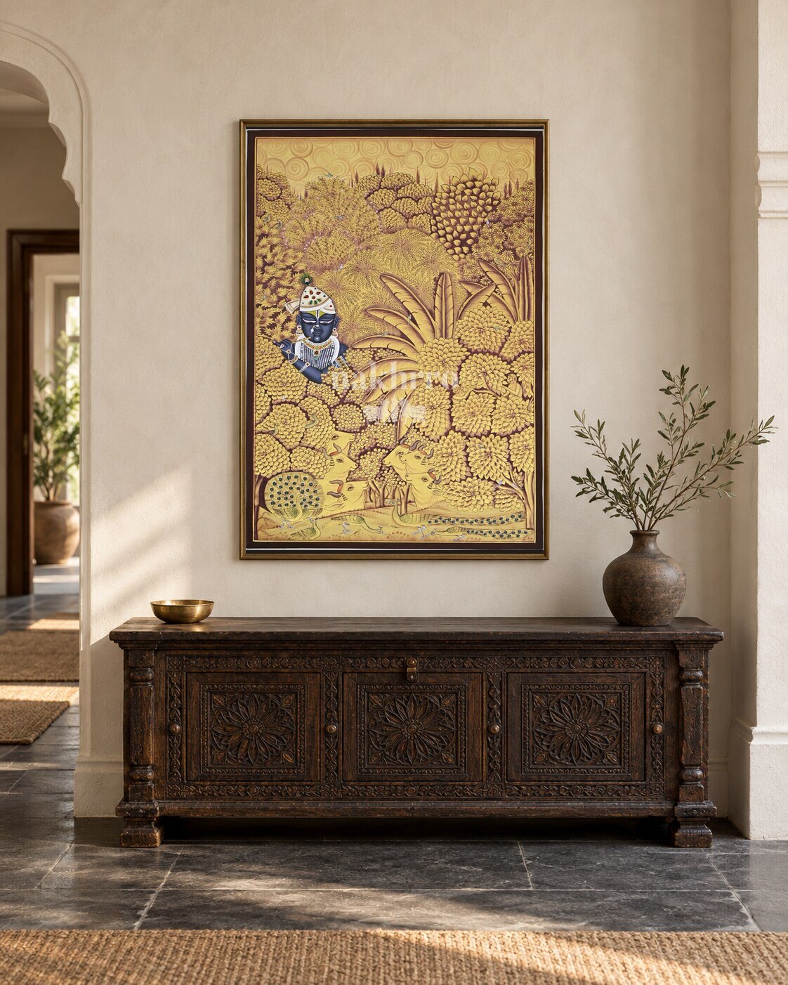 Krishna in a Golden Wildlife Garden, framed in a luxurious Indian console setting; styling mockup, 2 by 3 feet