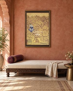 Krishna in a Golden Wildlife Garden, framed above a daybed in a contemporary haveli; styling mockup, 2 by 3 feet